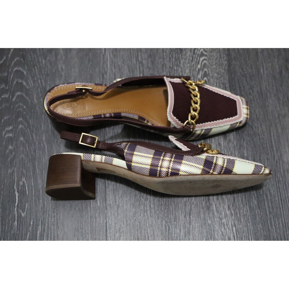 Tory Burch Mini benton Slingback Block Heel Pumps Burgundy Gold Chain Size 8M